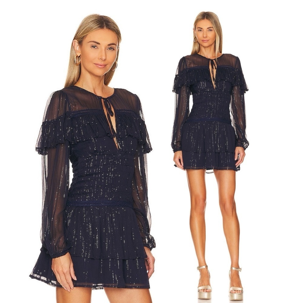 Tularosa Gina Metallic Shimmer Ruffle Smocked Mini Dress in Deep Sea Blue